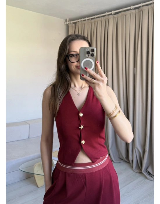 Bordo Broş Düğme Detaylı Takım