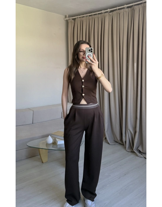 Kahve Broş Düğme Detaylı Takım