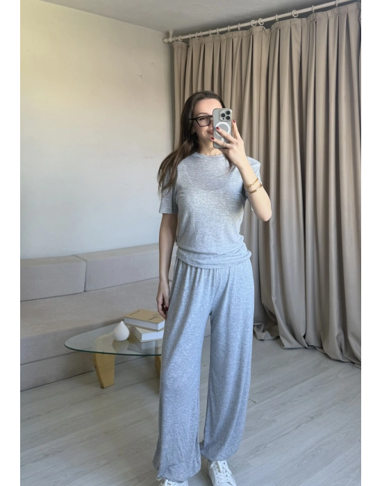 Gri Belden Bağlamalı Kısa Kollu Eşofman Takımı