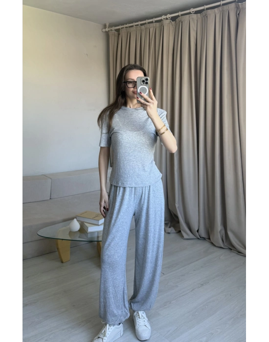 Gri Belden Bağlamalı Kısa Kollu Eşofman Takımı