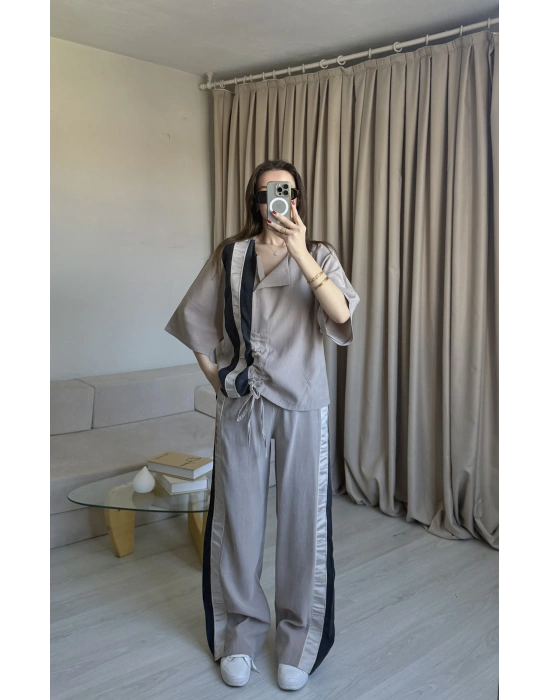 Bej İpkyl Tasarım Büzgülü Takım