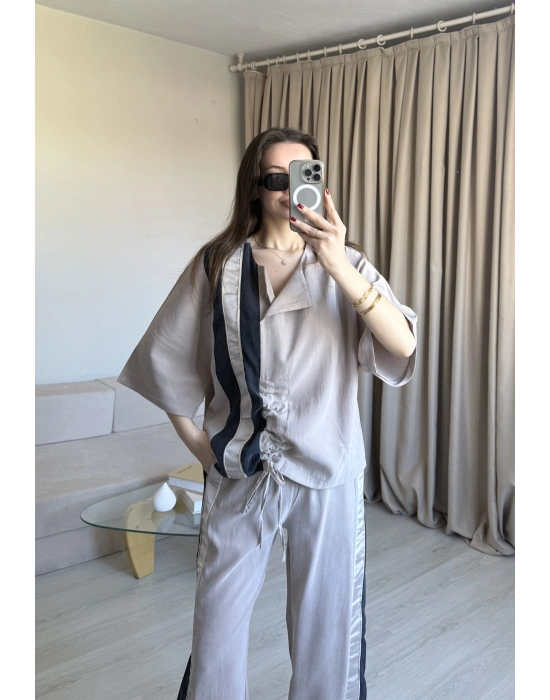 Bej İpkyl Tasarım Büzgülü Takım