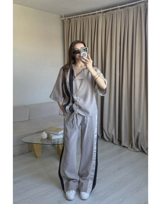 Bej İpkyl Tasarım Büzgülü Takım