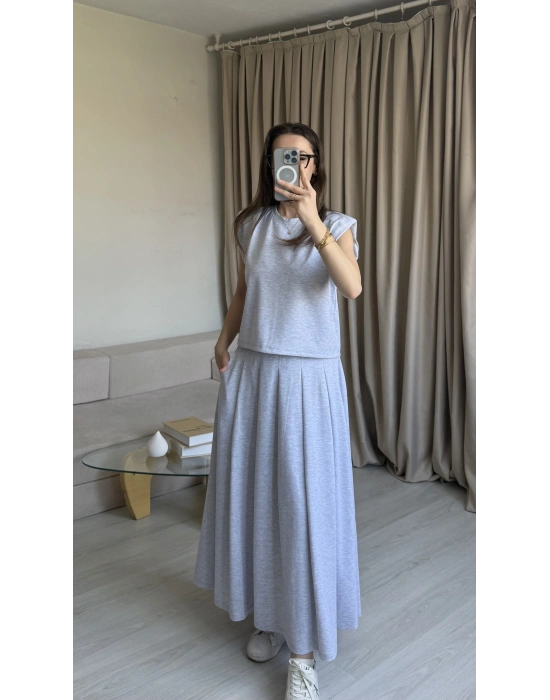 Gri Vatkalı Modal Etek Takım