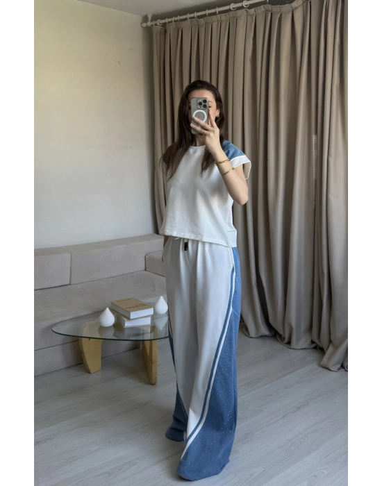Beyaz Taş Detaylı Denim Takım