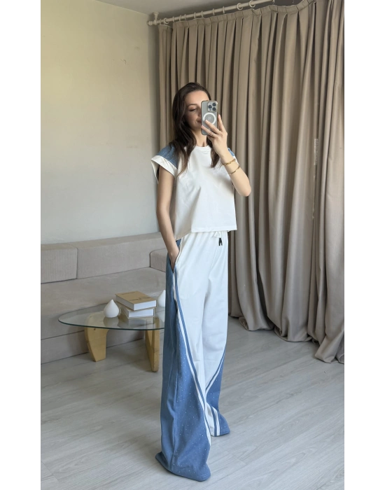 Beyaz Taş Detaylı Denim Takım