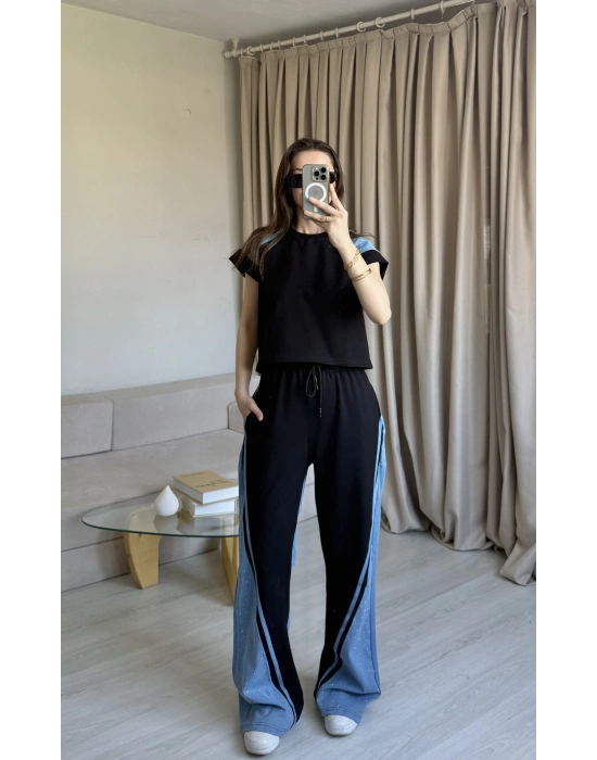 Siyah Taş Detaylı Denim Takım
