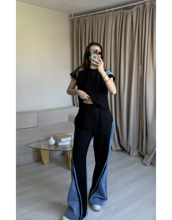Siyah Taş Detaylı Denim Takım