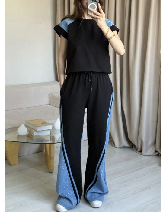 Siyah Taş Detaylı Denim Takım