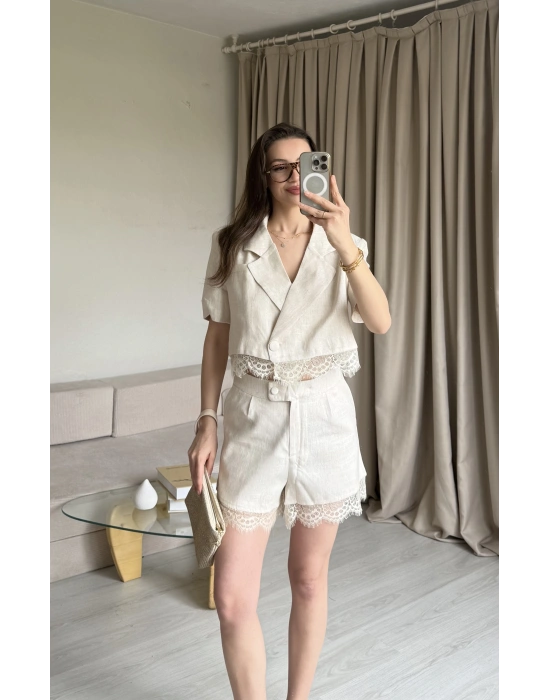 Bej Keten Dantelli Şort Takım