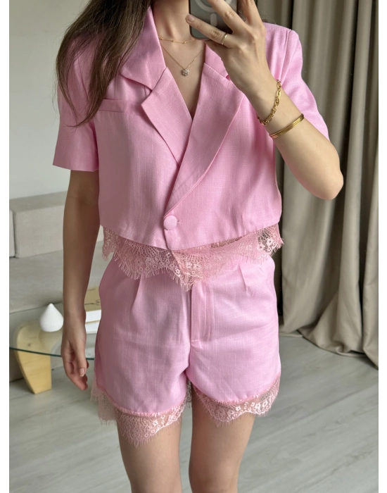 Pembe Keten Dantelli Şort Takım