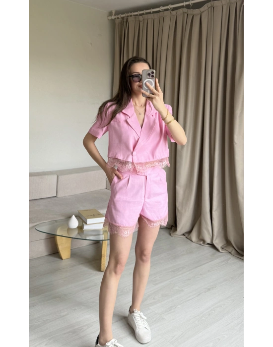 Pembe Keten Dantelli Şort Takım