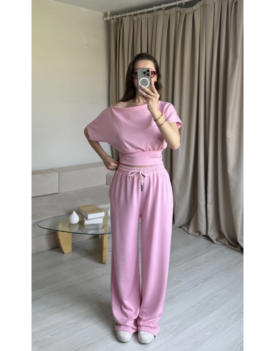 Pembe Bel Detay Düşük Omuz Takım