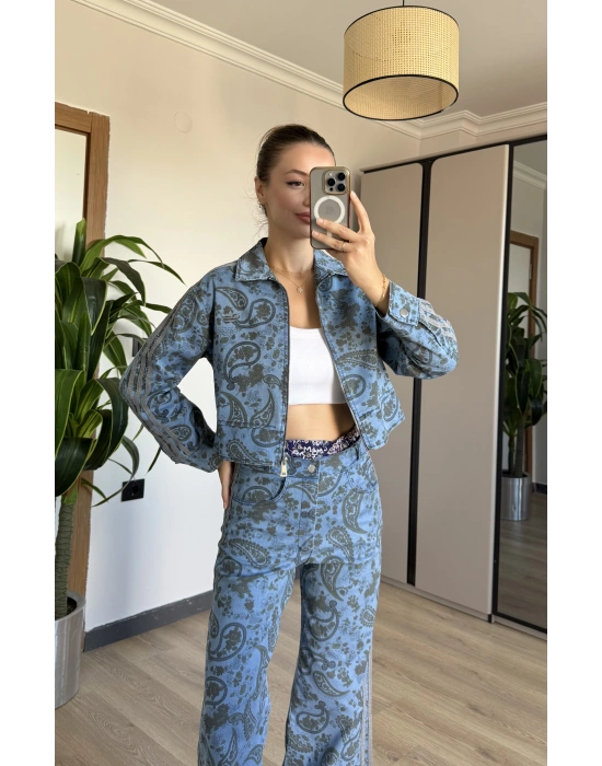Açık Denim Etnik Desen Takım
