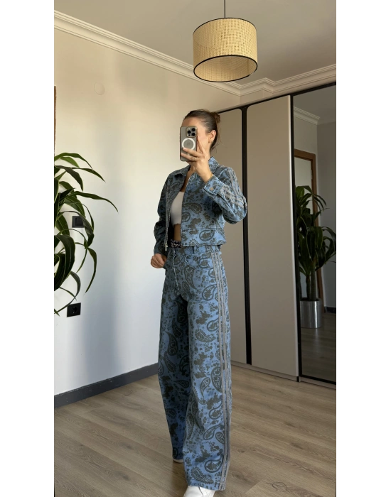 Açık Denim Etnik Desen Takım