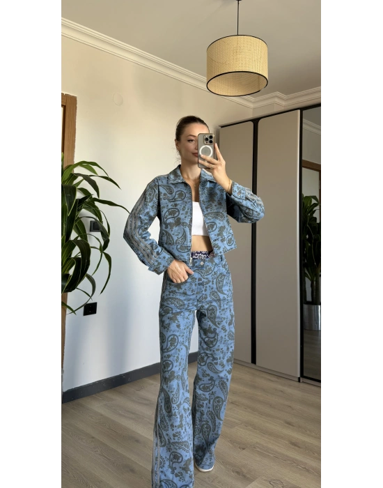 Açık Denim Etnik Desen Takım
