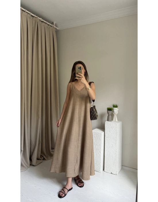 Açık Kahve Askılı Keten Elbise
