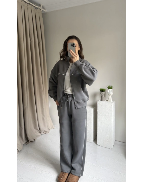 Antrasit Çizgili Hırka Eşofman Takımı