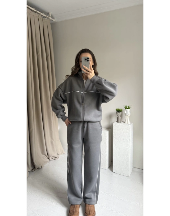 Antrasit Çizgili Hırka Eşofman Takımı