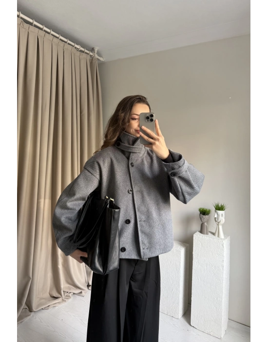 Antrasit Kaşe Düğmeli Çizgili Ceket