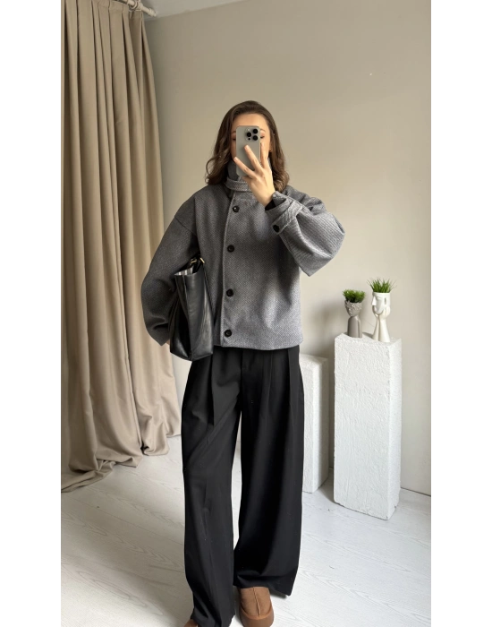 Antrasit Kaşe Düğmeli Çizgili Ceket