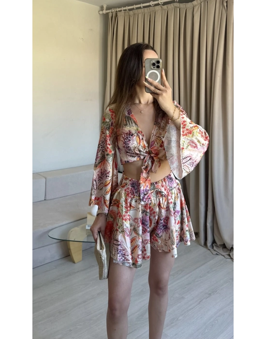 Bağlamalı Etnik Desen Şort Takım