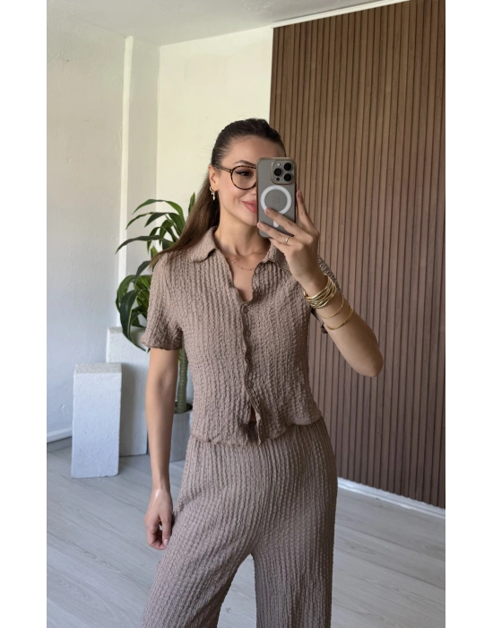 Bej Kısa Kollu Gofre Takım