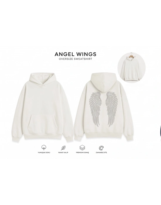 Beyaz Angel Taşlı Sweatshirt
