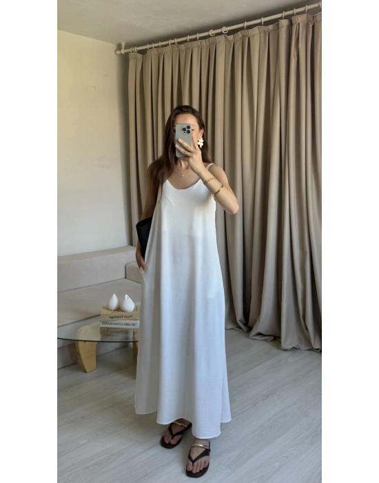 Beyaz Ayrobin Maxi Boy Askılı Elbise