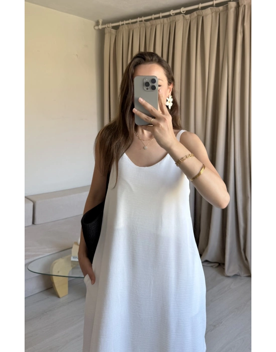 Beyaz Ayrobin Maxi Boy Askılı Elbise