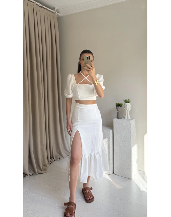 Beyaz Balon Kol Sırt Bağlama Etek Takım