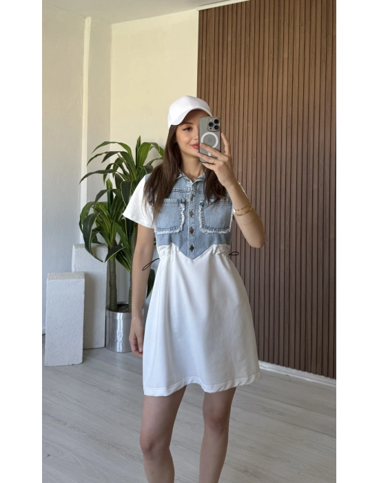 Beyaz Jean Detaylı Elbise