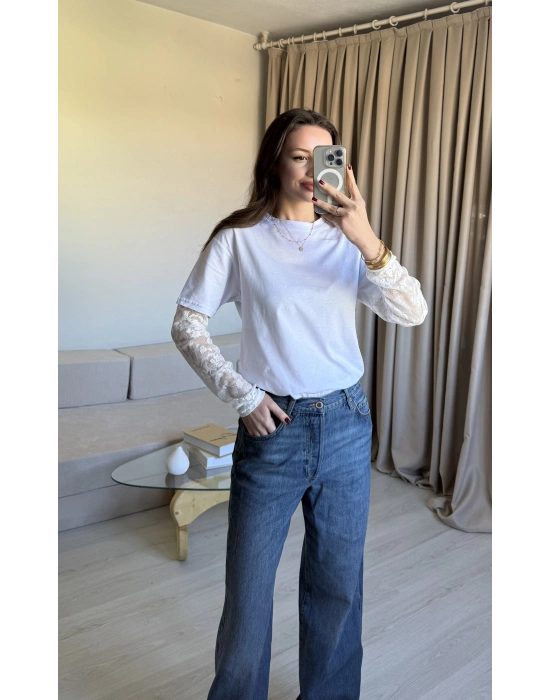 Beyaz Kol Dantelli Bluz