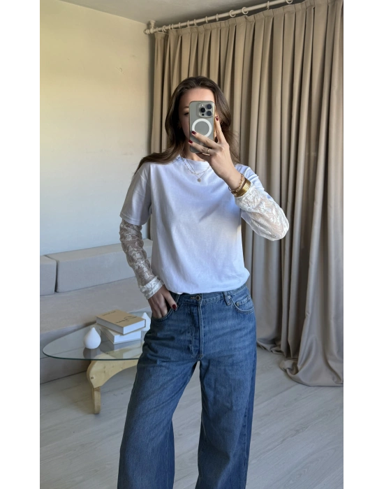 Beyaz Kol Dantelli Bluz