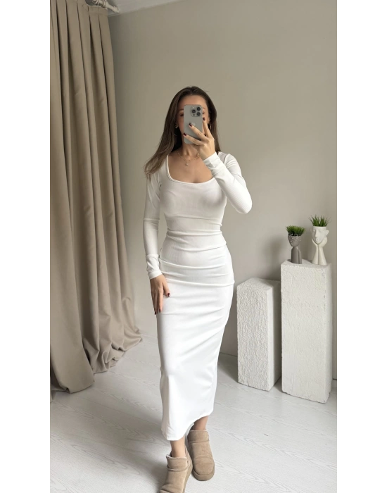 Beyaz Maxi Boy Fitilli Elbise