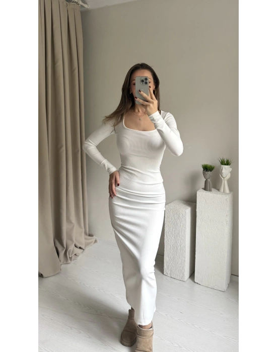 Beyaz Maxi Boy Fitilli Elbise