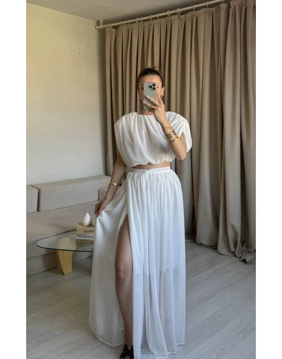 Beyaz Vatkalı Astarlı Etek Takım