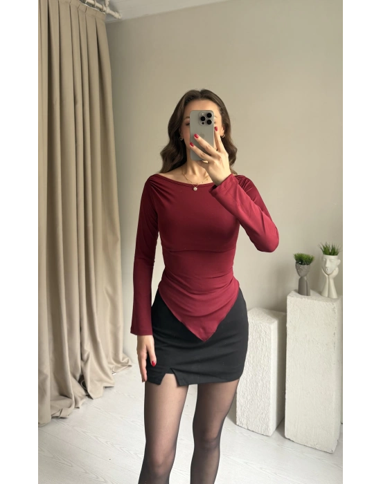 Bordo Asimetrik Kesim Bluz