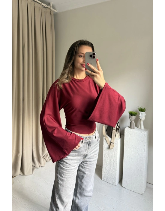 Bordo Belden Oturtmalı Yarasa Kol Bluz