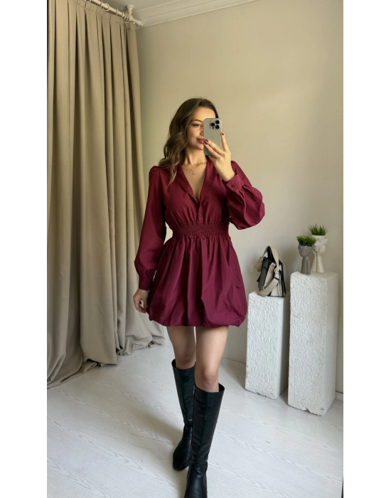 Bordo Beli Lastikli Balon Elbise