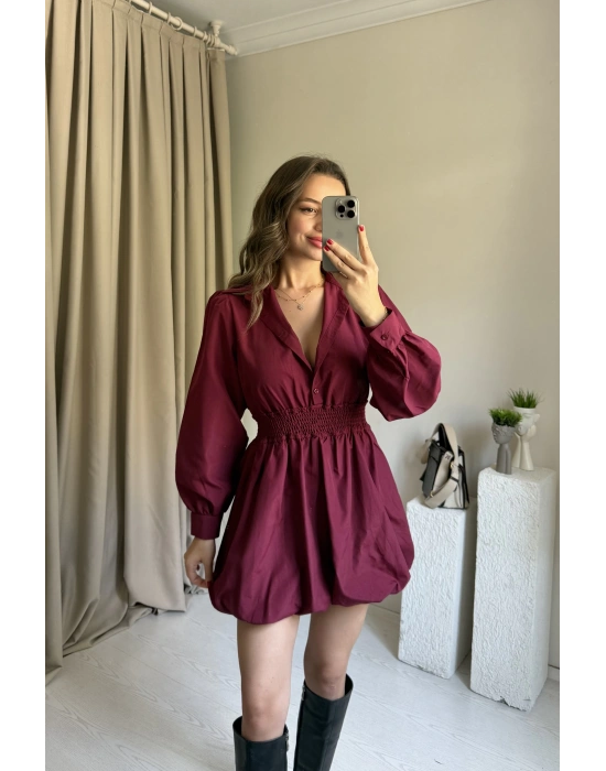 Bordo Beli Lastikli Balon Elbise