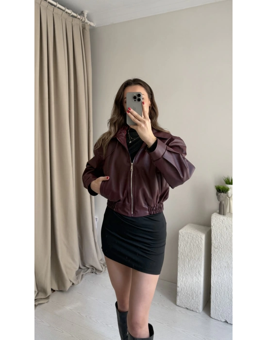 Bordo Beli Lastikli Deri Ceket
