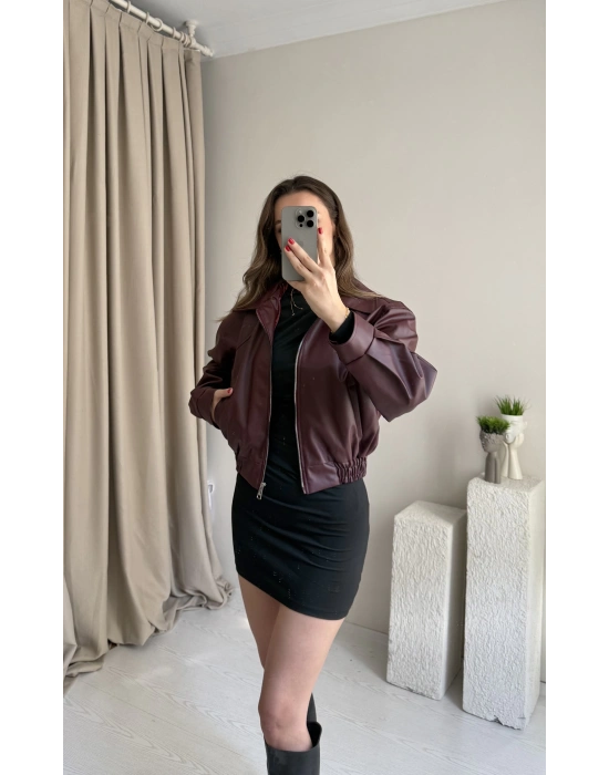 Bordo Beli Lastikli Deri Ceket