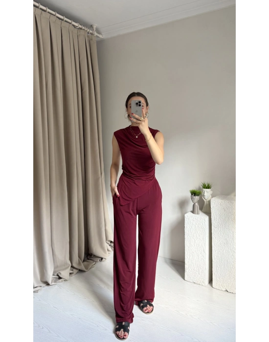 Bordo Büzgülü Asimetrik Kesim Takım