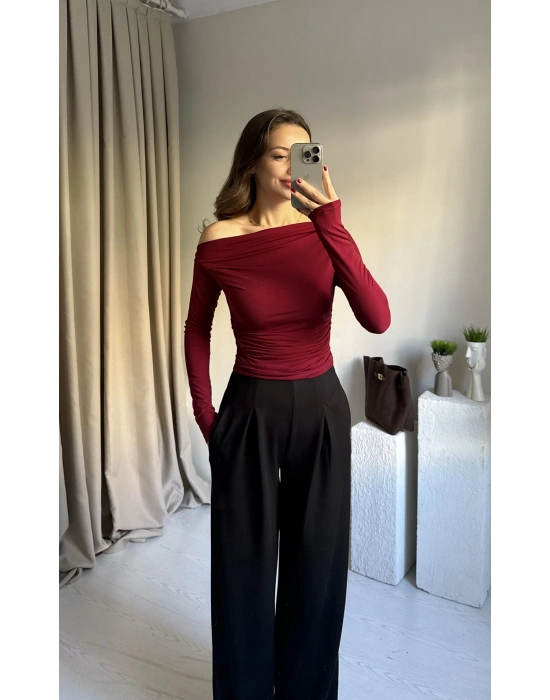Bordo Büzgülü Düşük Omuz Bluz