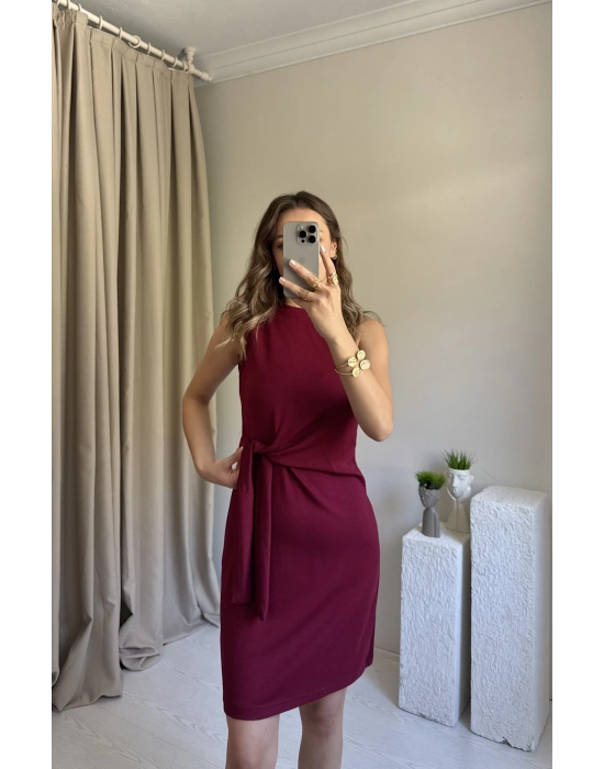 Bordo Düğüm Detaylı Kolsuz Elbise