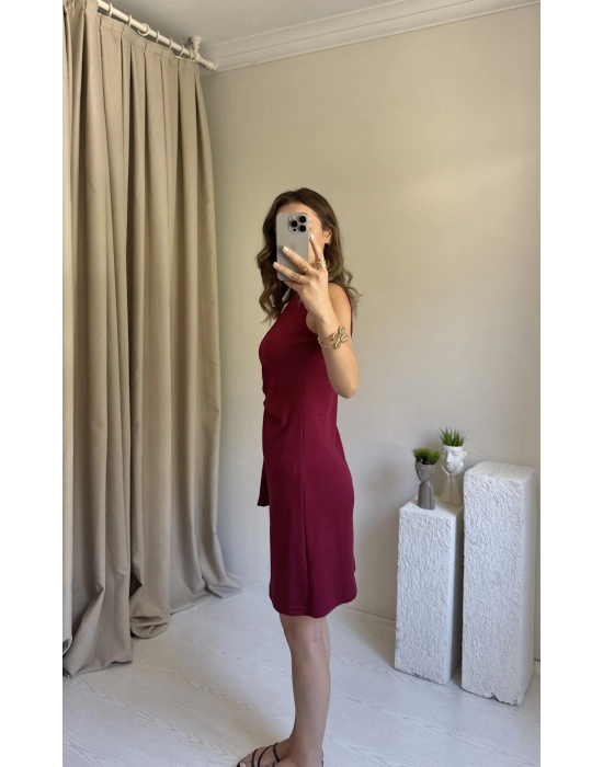 Bordo Düğüm Detaylı Kolsuz Elbise