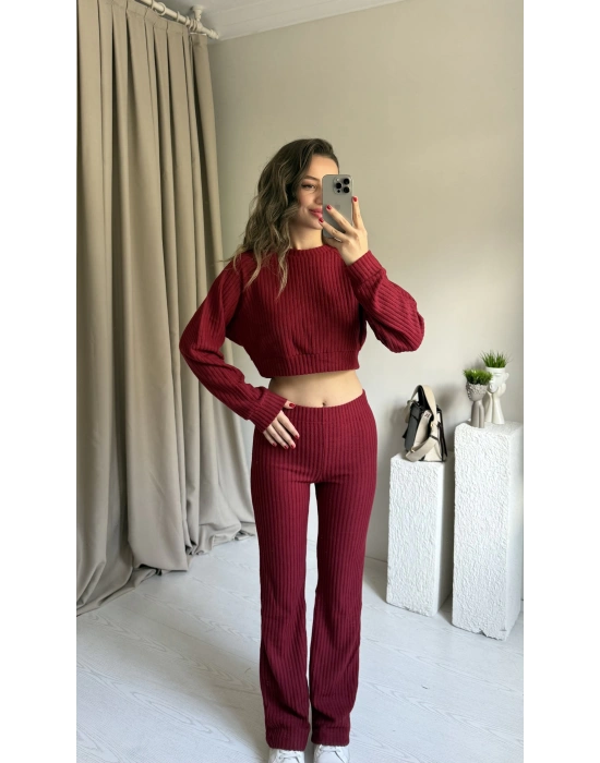 Bordo Fitilli Yumoş Crop Takım