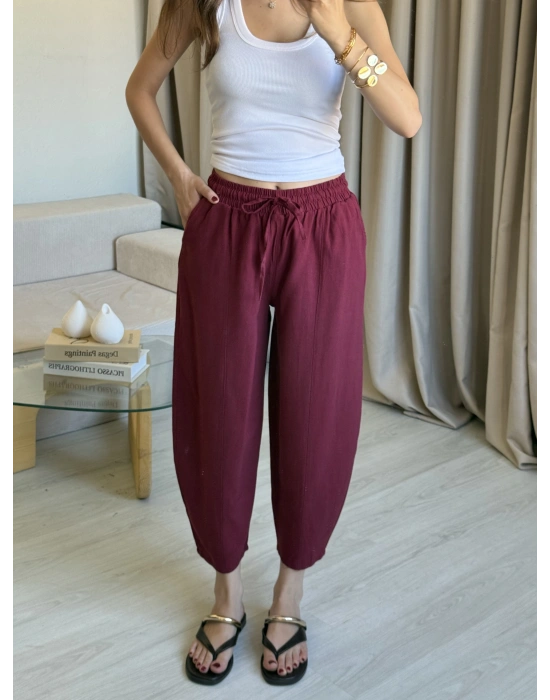 Bordo Keten Yıkamalı Balon Pantolon