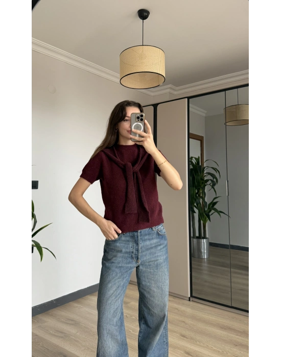 Bordo Kısa Kollu Triko